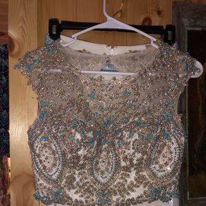 White blue and gold 2 piece prom dress